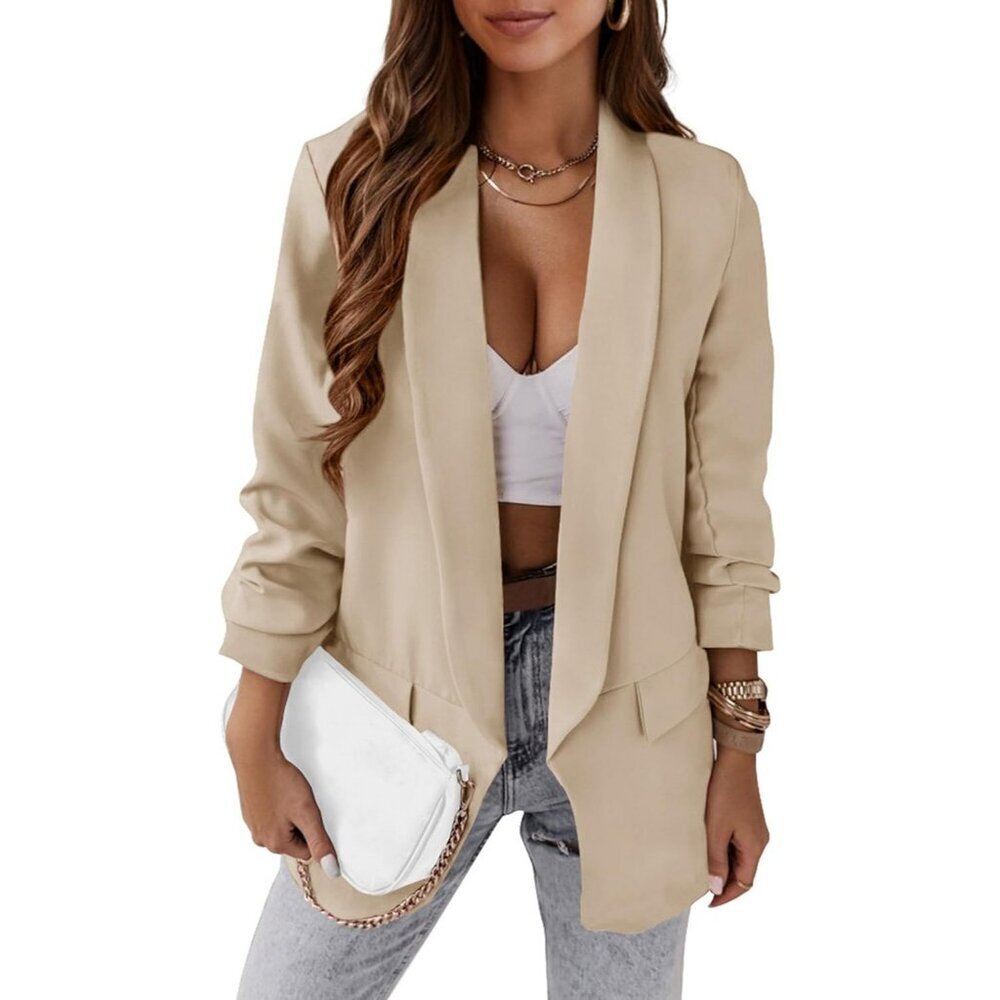 Women's Beige Casual Blazer Spring Fall Fashion Long Sleeve Open Front Work